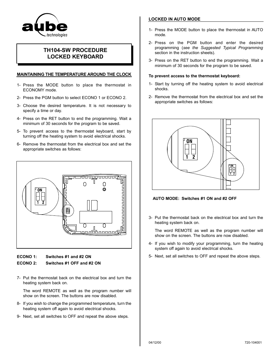 Th104-sw procedure locked keyboard | Aube Technologies TH104 User Manual | Page 5 / 5