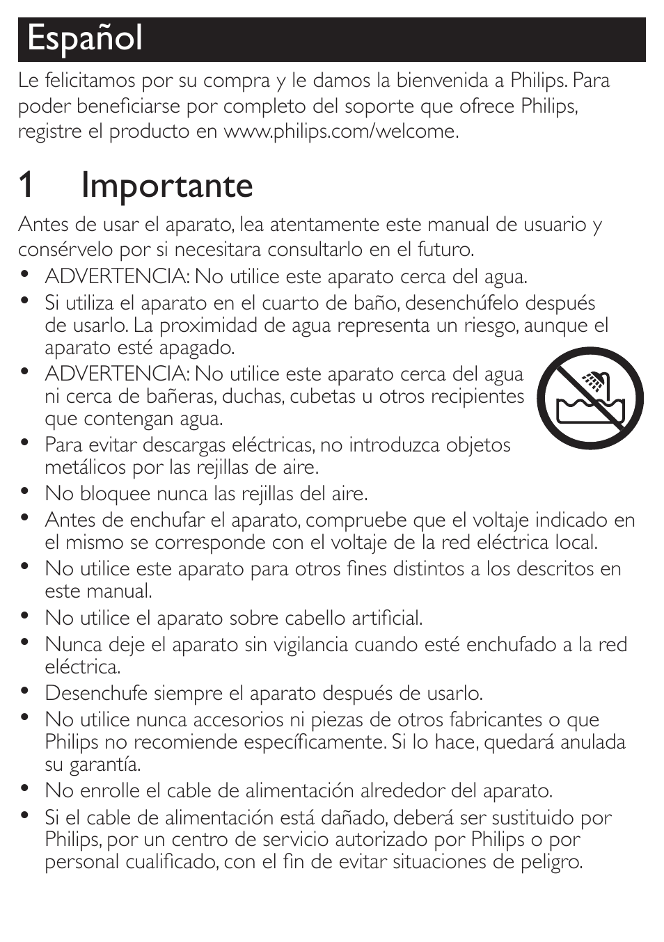 Español, 1 importante | Philips SalonDry Secador User Manual | Page 3 / 6