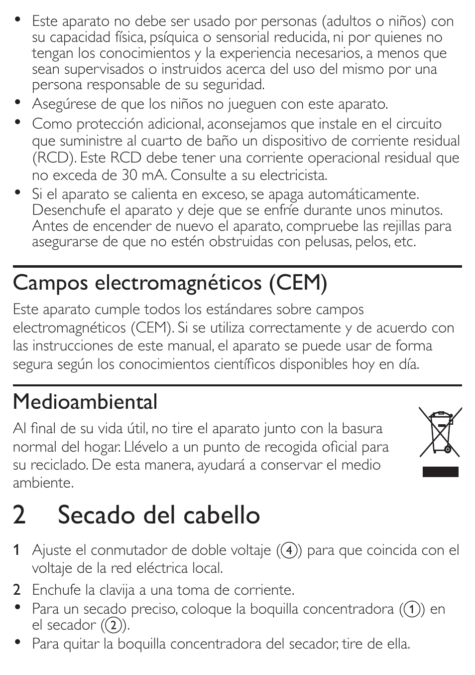2 secado del cabello, Campos electromagnéticos (cem), Medioambiental | Philips SalonDry Secador User Manual | Page 4 / 6