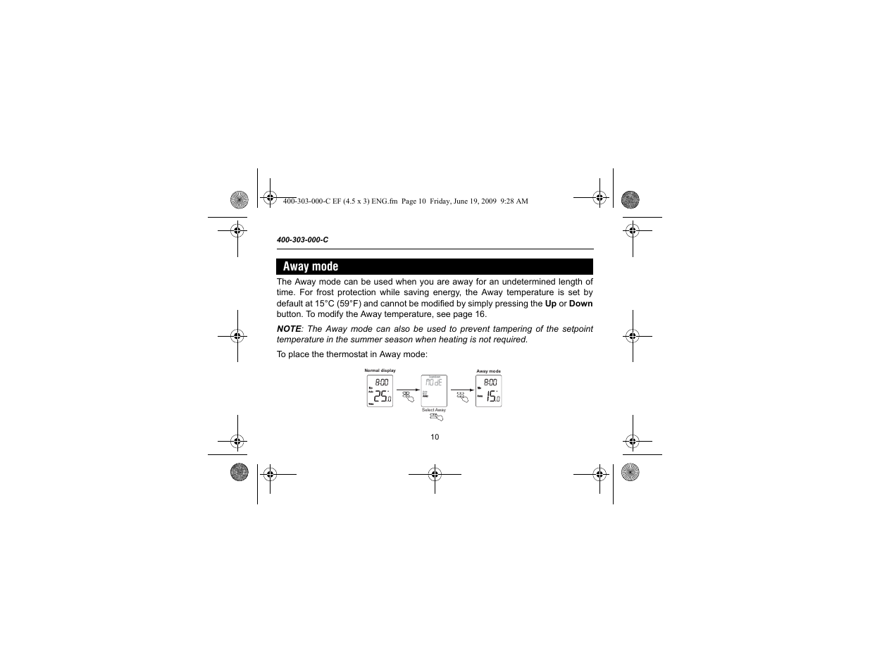 Away mode | Aube Technologies TH303 User Manual | Page 12 / 22