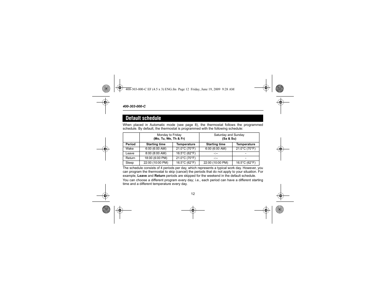 Default schedule | Aube Technologies TH303 User Manual | Page 14 / 22