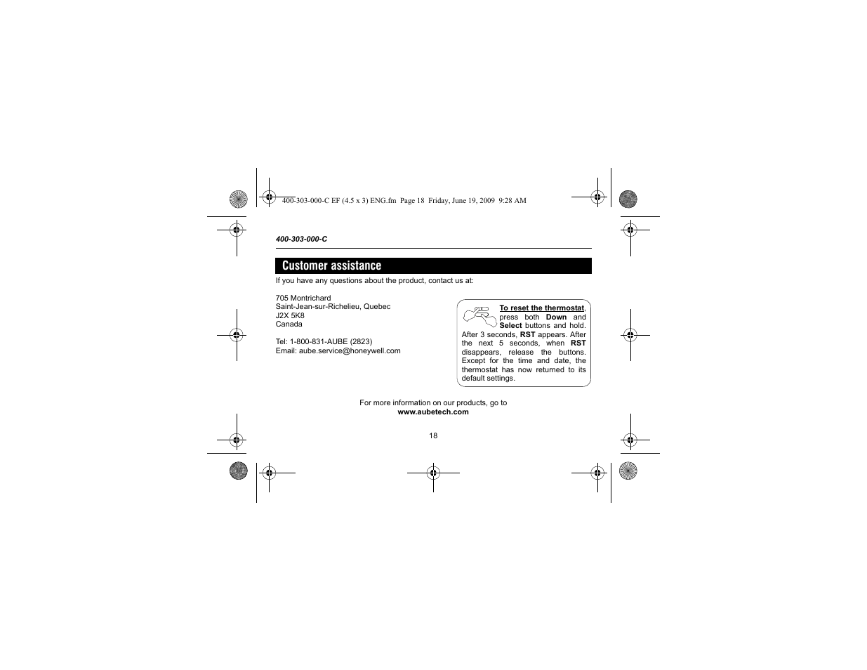 Customer assistance | Aube Technologies TH303 User Manual | Page 20 / 22
