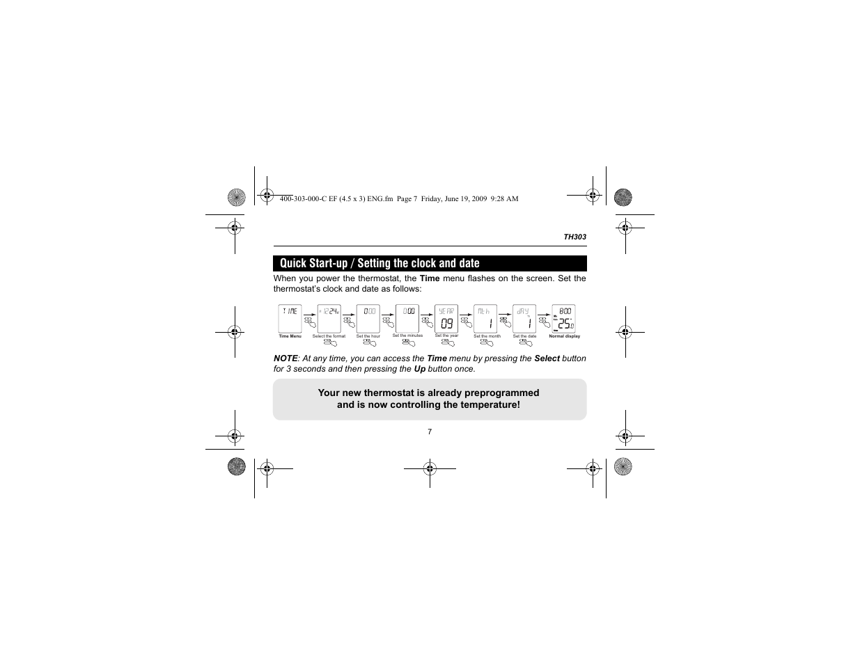Quick start-up / setting the clock and date | Aube Technologies TH303 User Manual | Page 9 / 22