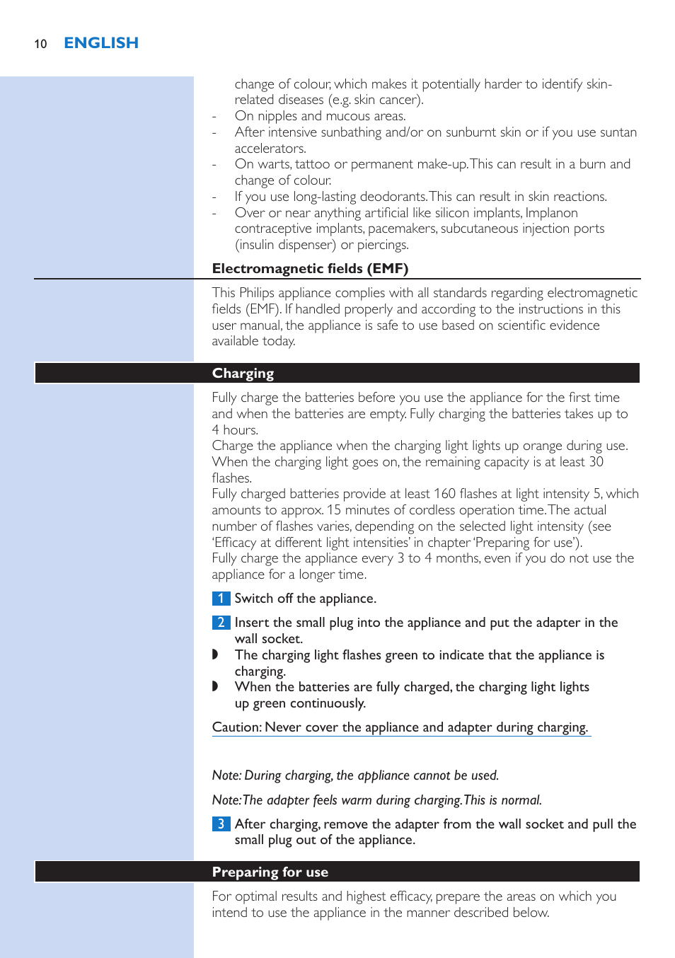 Electromagnetic fields (emf), Charging, Preparing for use | Philips fotodepiladora User Manual | Page 10 / 130