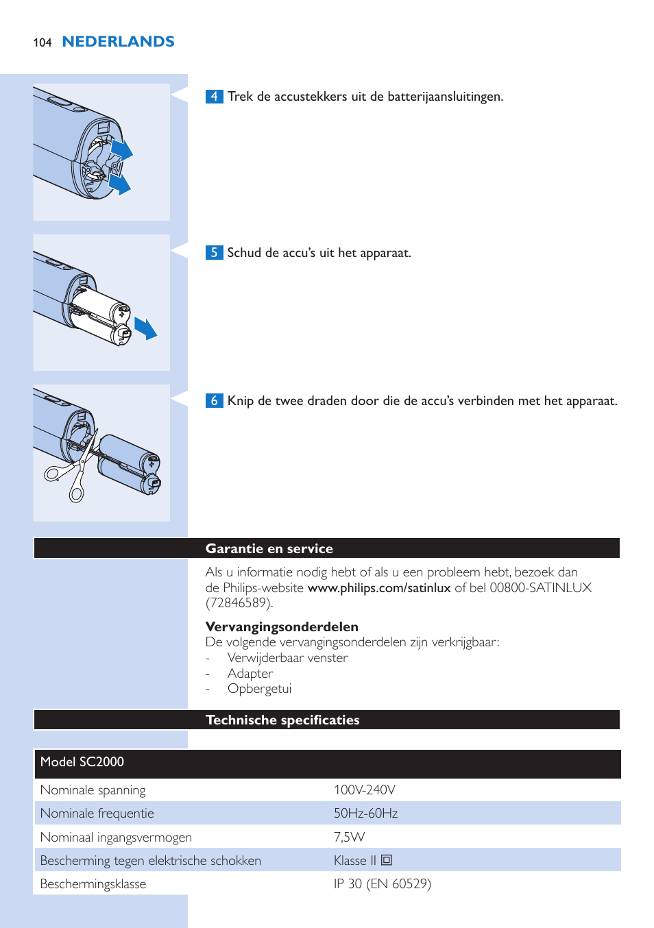 Vervangingsonderdelen, Garantie en service, Technische specificaties | Philips fotodepiladora User Manual | Page 104 / 130