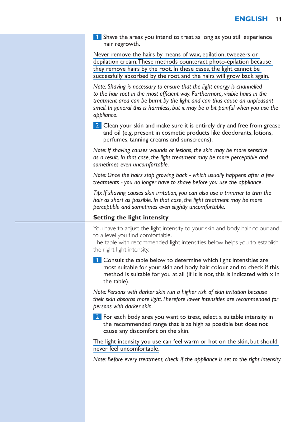 Setting the light intensity, Recommended light intensities (1-5) | Philips fotodepiladora User Manual | Page 11 / 130