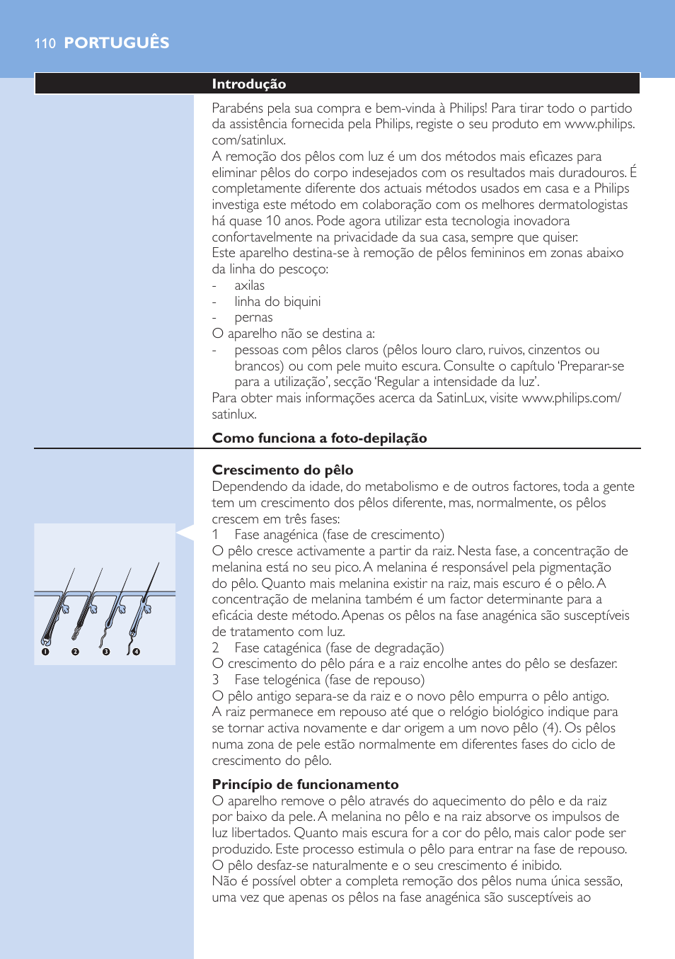 Português, Introdução, Como funciona a foto-depilação | Crescimento do pêlo, Princípio de funcionamento | Philips fotodepiladora User Manual | Page 110 / 130