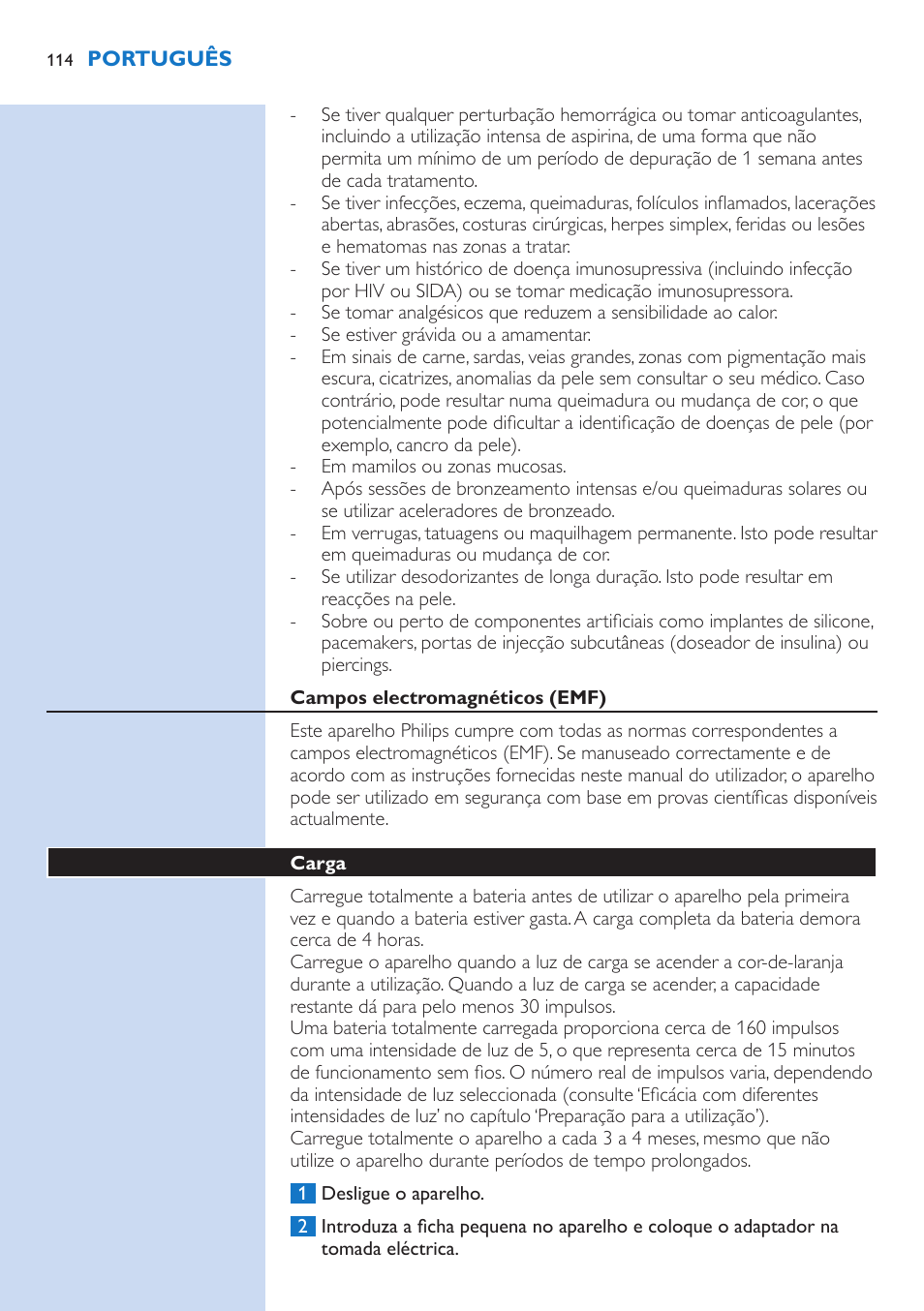 Campos electromagnéticos (emf), Carga | Philips fotodepiladora User Manual | Page 114 / 130