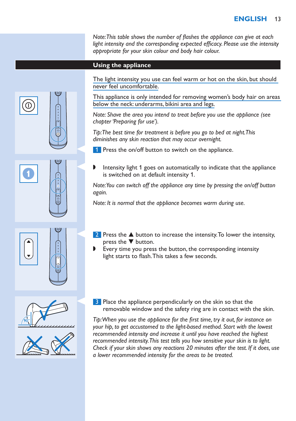 Using the appliance | Philips fotodepiladora User Manual | Page 13 / 130