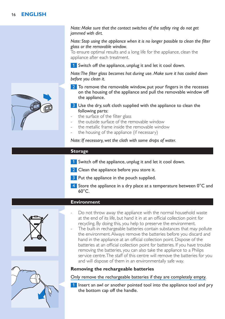 Removing the rechargeable batteries, Storage, Environment | Philips fotodepiladora User Manual | Page 16 / 130