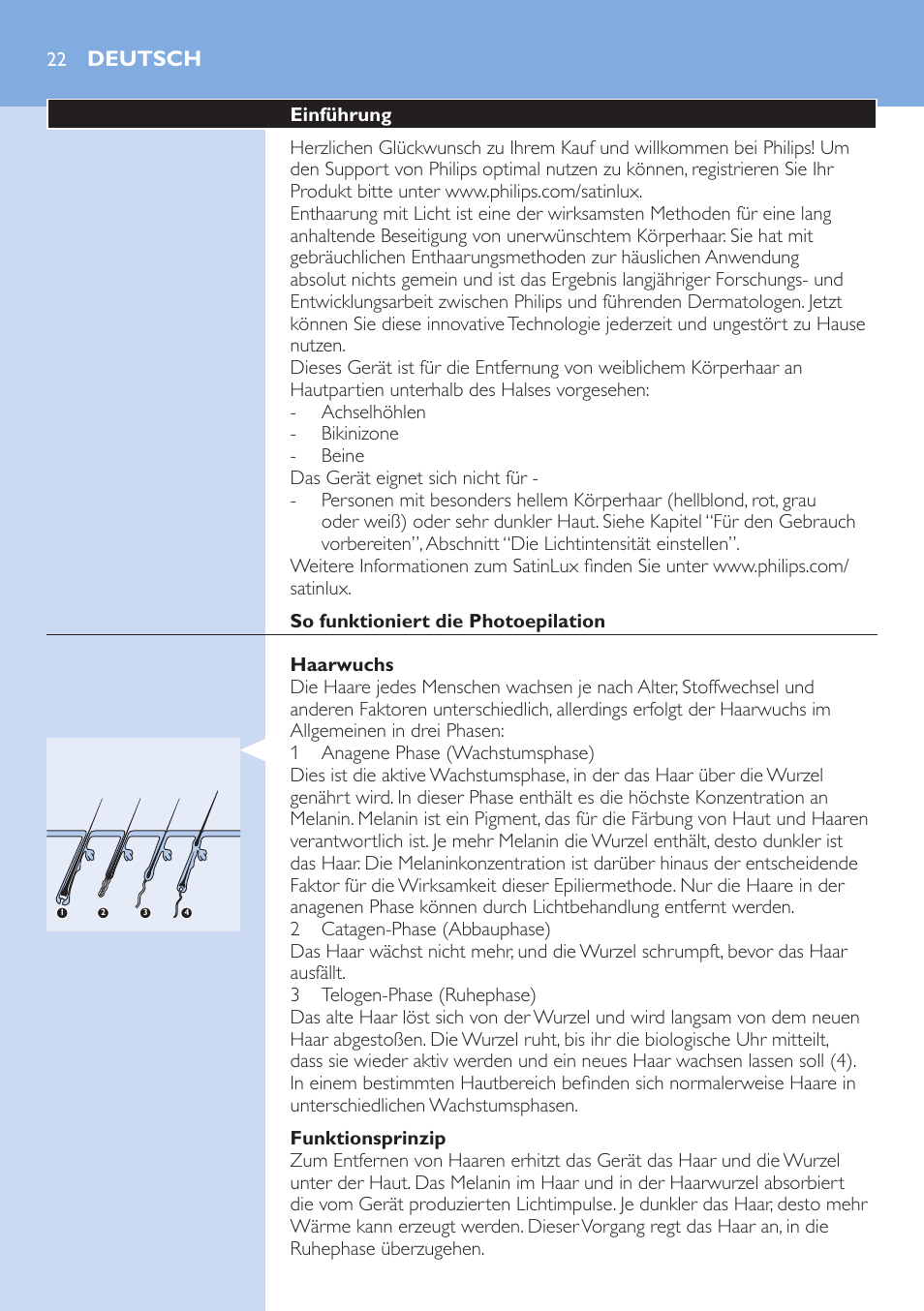 Deutsch, Einführung, So funktioniert die photoepilation | Haarwuchs, Funktionsprinzip | Philips fotodepiladora User Manual | Page 22 / 130