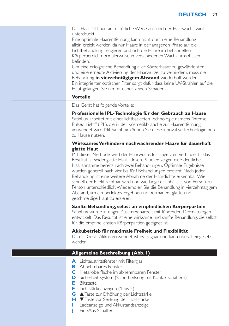 Vorteile, Akkubetrieb für maximale freiheit und flexibilität, Allgemeine beschreibung (abb. 2) | Philips fotodepiladora User Manual | Page 23 / 130