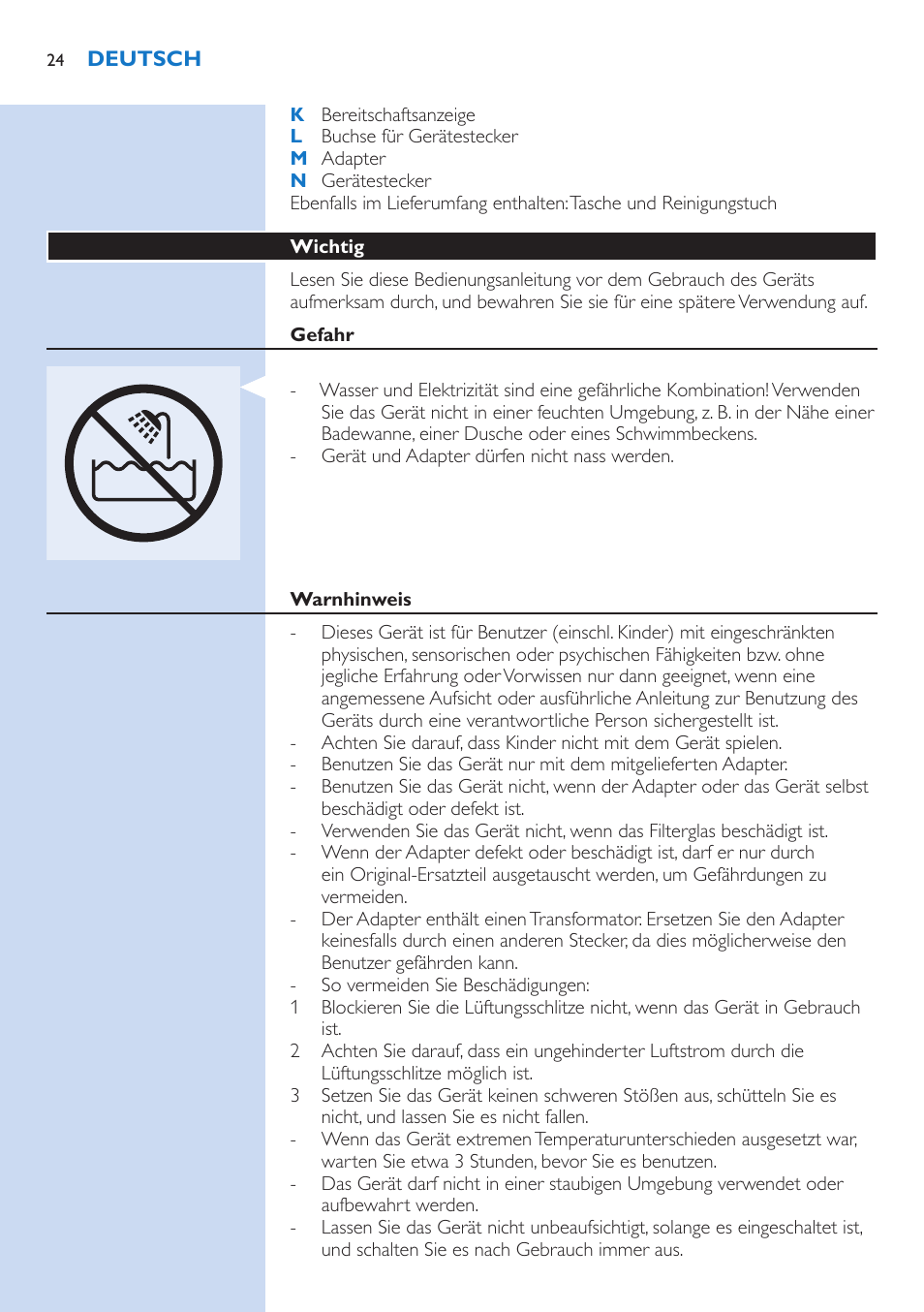 Wichtig, Gefahr, Warnhinweis | Philips fotodepiladora User Manual | Page 24 / 130