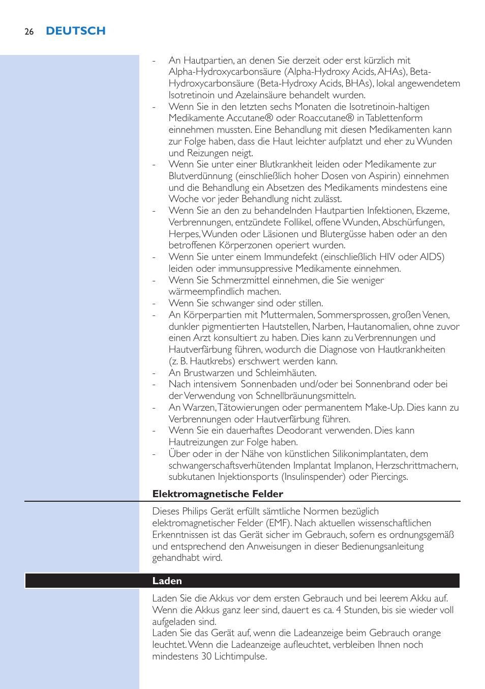 Elektromagnetische felder, Laden | Philips fotodepiladora User Manual | Page 26 / 130