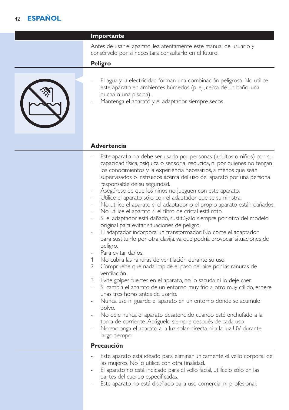 Importante, Peligro, Advertencia | Precaución | Philips fotodepiladora User Manual | Page 42 / 130