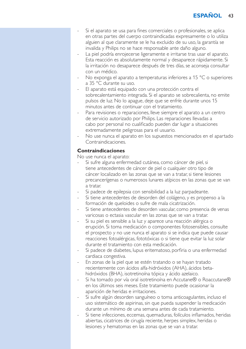 Contraindicaciones | Philips fotodepiladora User Manual | Page 43 / 130