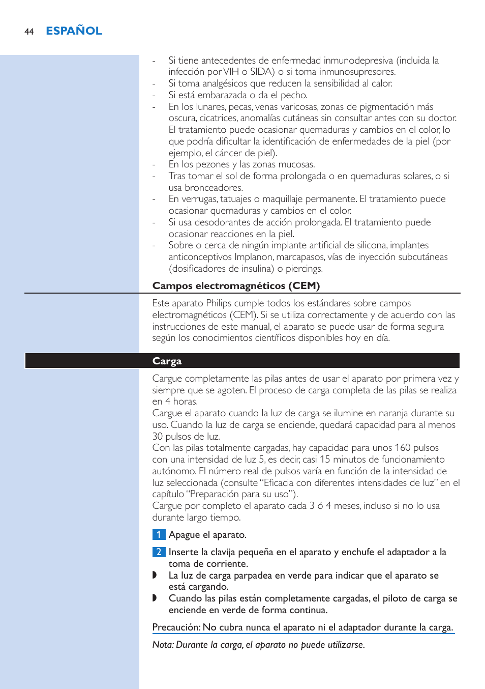 Campos electromagnéticos (cem), Carga | Philips fotodepiladora User Manual | Page 44 / 130