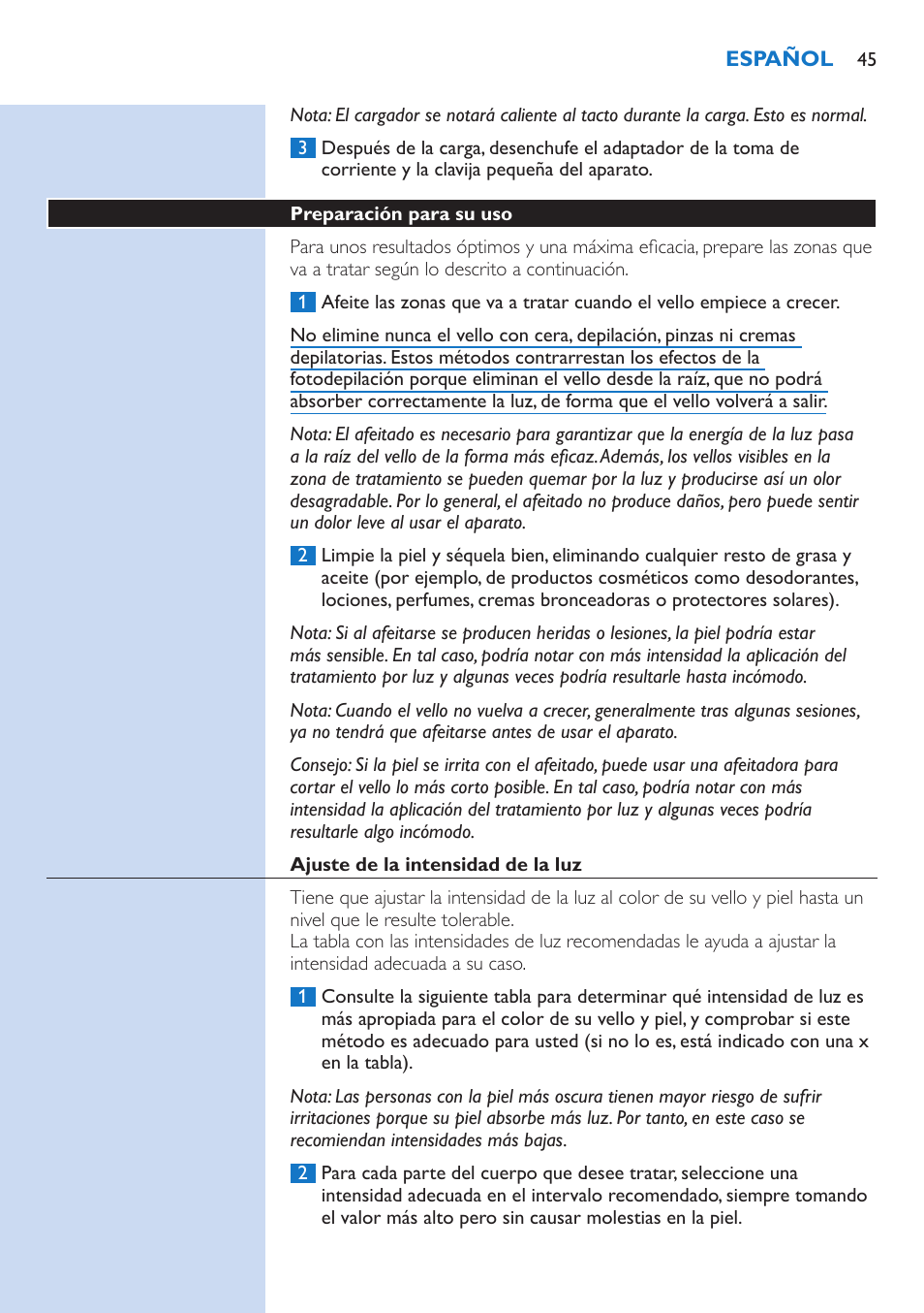 Preparación para su uso, Ajuste de la intensidad de la luz | Philips fotodepiladora User Manual | Page 45 / 130