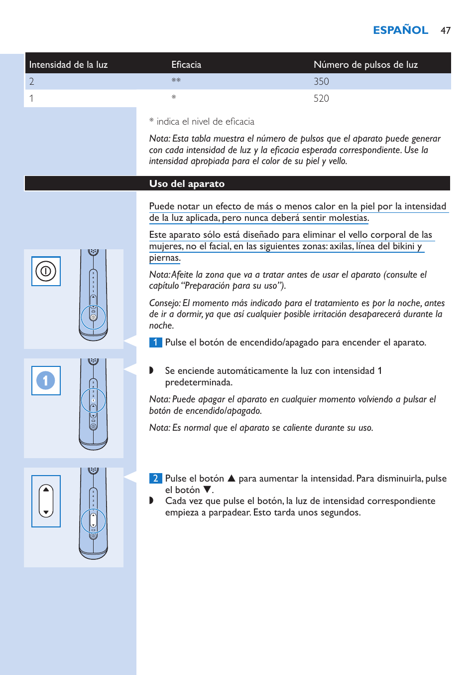 Uso del aparato | Philips fotodepiladora User Manual | Page 47 / 130