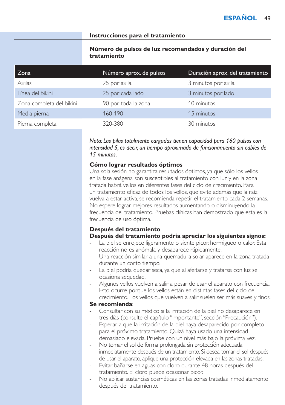 Instrucciones para el tratamiento, Cómo lograr resultados óptimos, Después del tratamiento | Philips fotodepiladora User Manual | Page 49 / 130