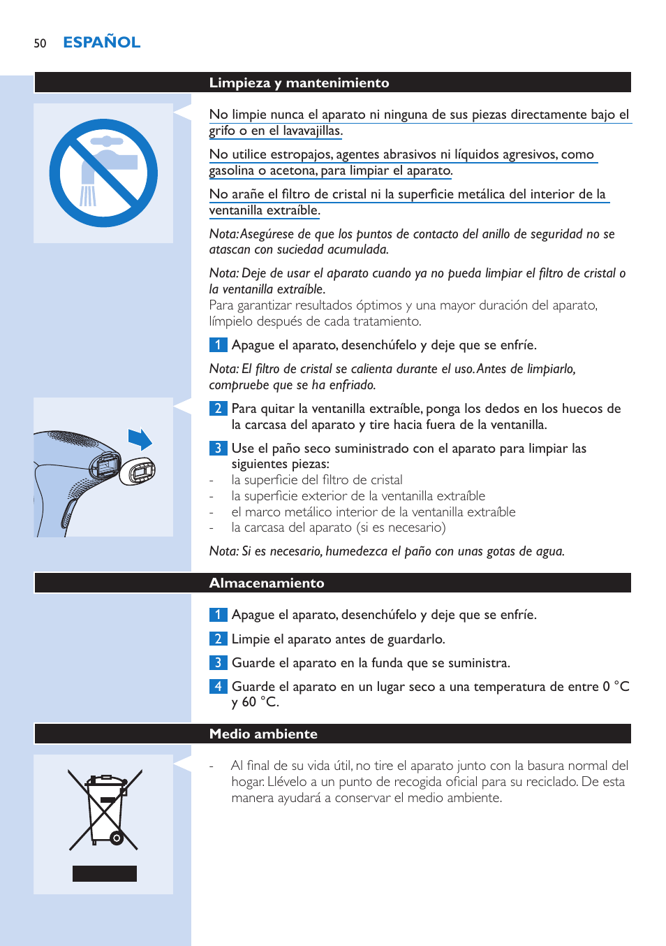 Limpieza y mantenimiento, Almacenamiento | Philips fotodepiladora User Manual | Page 50 / 130