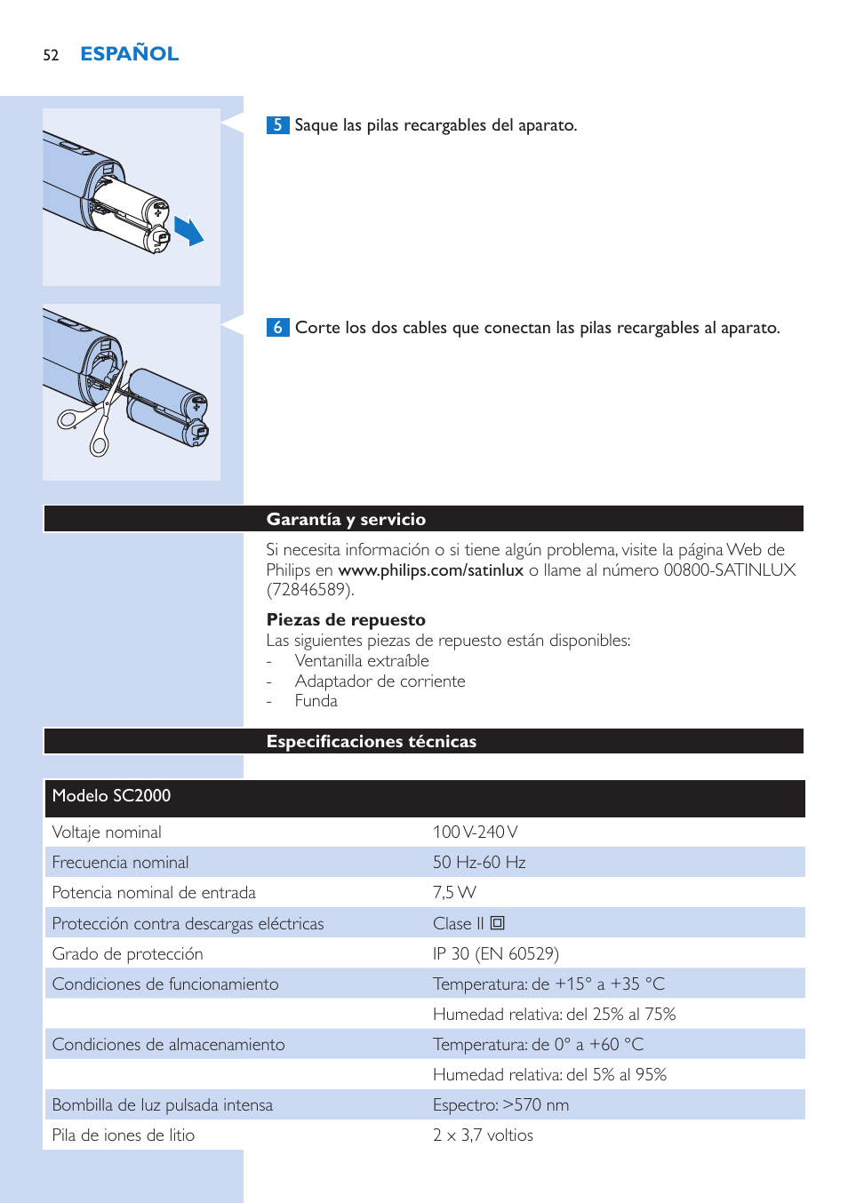 Piezas de repuesto, Garantía y servicio, Especificaciones técnicas | Philips fotodepiladora User Manual | Page 52 / 130