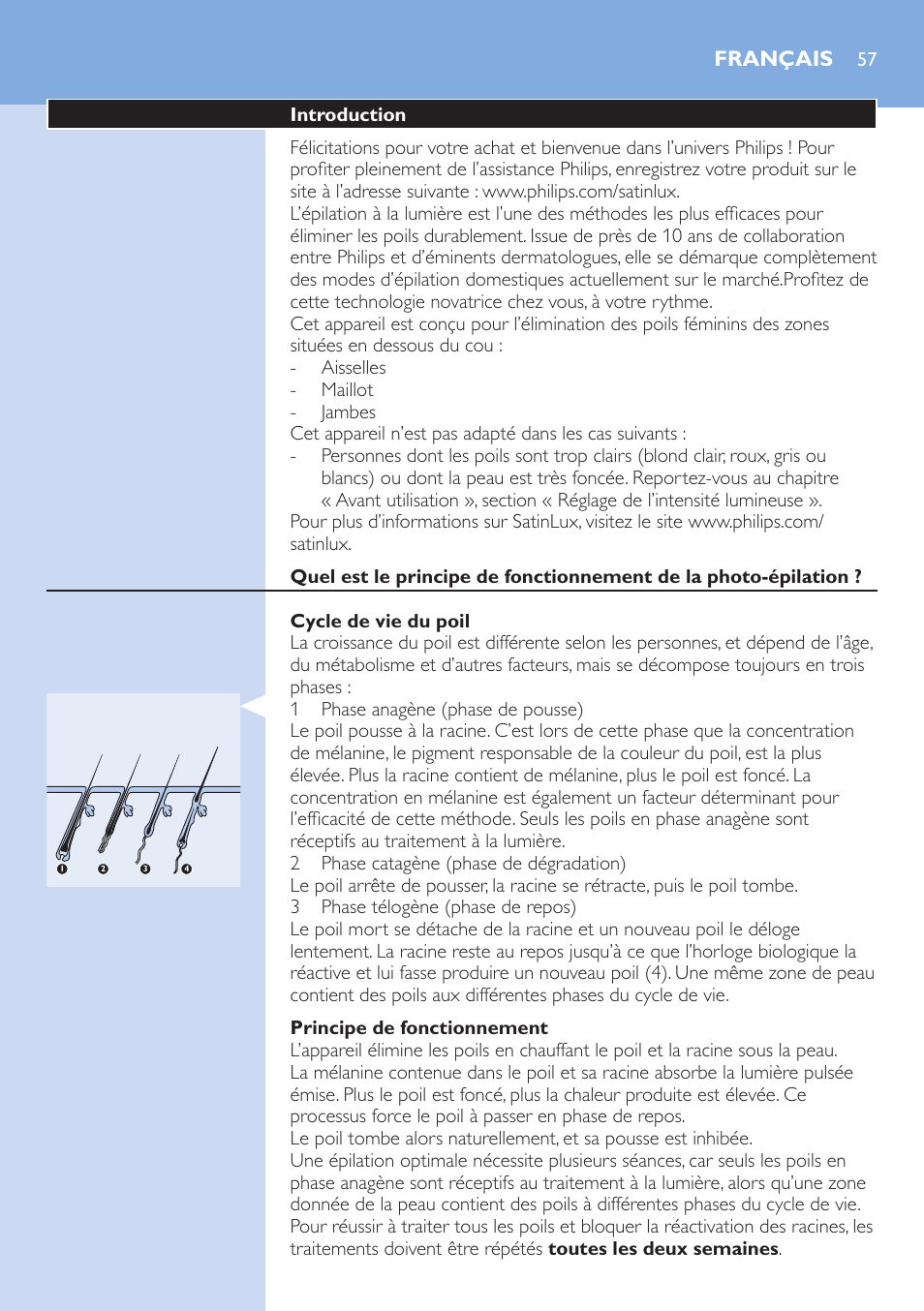 Français, Introduction, Cycle de vie du poil | Principe de fonctionnement | Philips fotodepiladora User Manual | Page 57 / 130