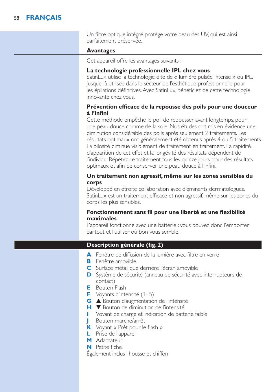 Avantages, La technologie professionnelle ipl chez vous, Description générale (fig. 2) | Philips fotodepiladora User Manual | Page 58 / 130