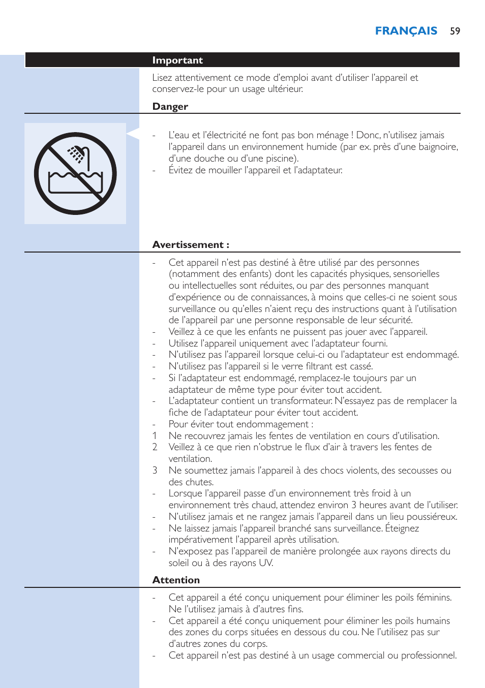 Important, Danger, Avertissement | Attention | Philips fotodepiladora User Manual | Page 59 / 130