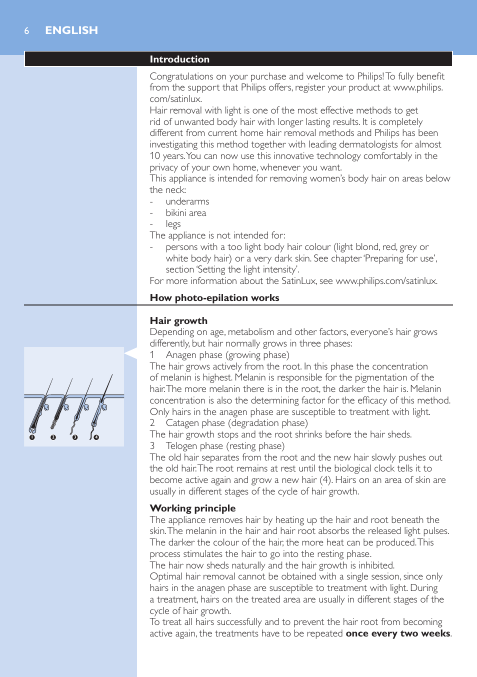 English, Introduction, How photo-epilation works | Hair growth, Working principle | Philips fotodepiladora User Manual | Page 6 / 130