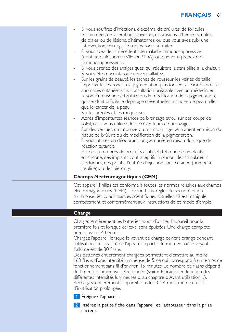 Champs électromagnétiques (cem), Charge | Philips fotodepiladora User Manual | Page 61 / 130