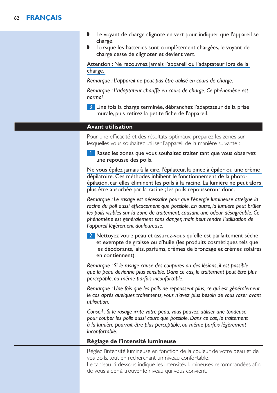 Avant utilisation, Réglage de l’intensité lumineuse | Philips fotodepiladora User Manual | Page 62 / 130