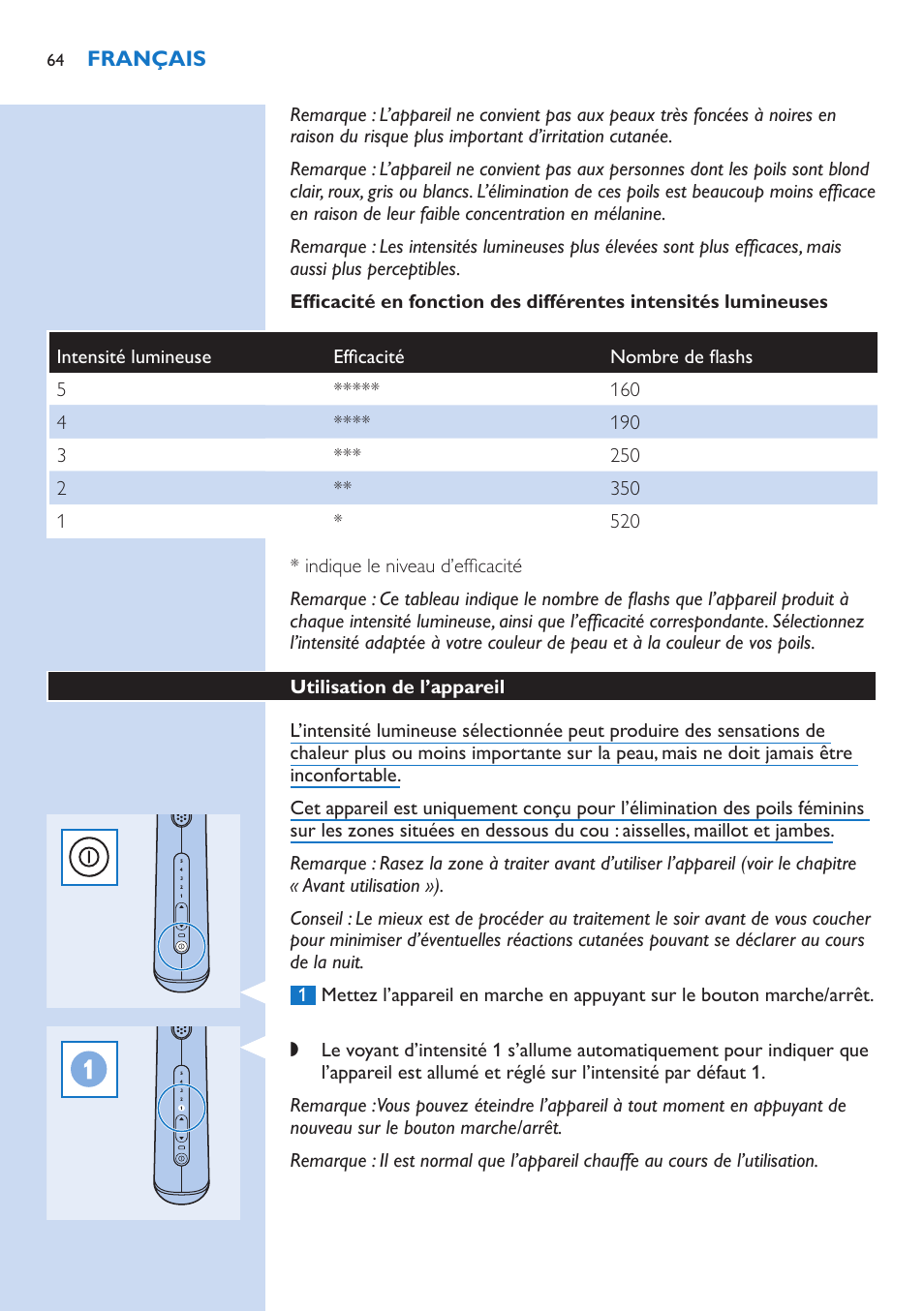 Utilisation de l’appareil | Philips fotodepiladora User Manual | Page 64 / 130