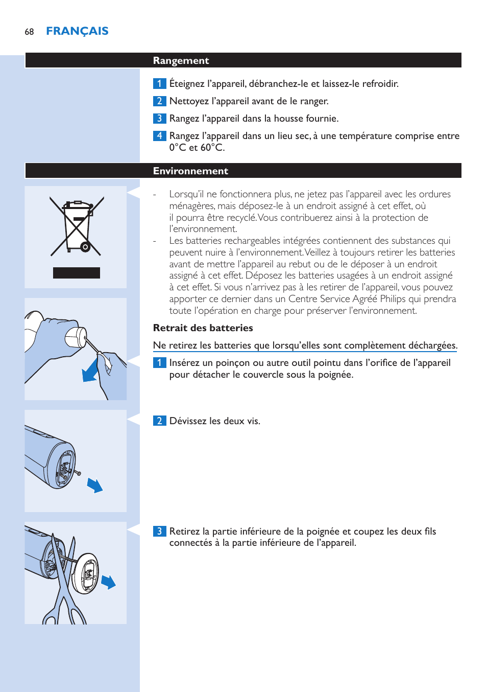 Retrait des batteries, Rangement, Environnement | Philips fotodepiladora User Manual | Page 68 / 130