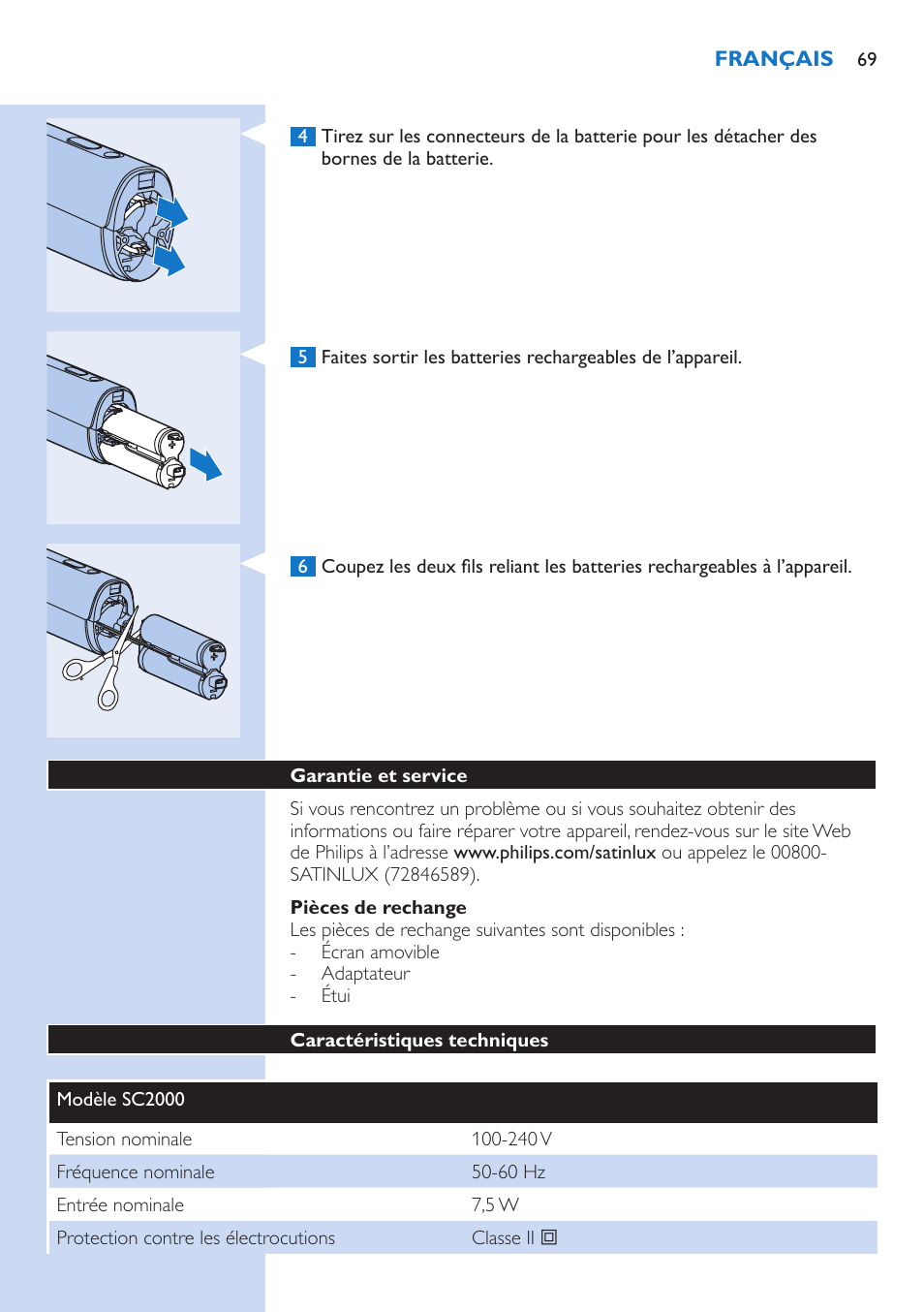 Pièces de rechange, Garantie et service, Caractéristiques techniques | Philips fotodepiladora User Manual | Page 69 / 130