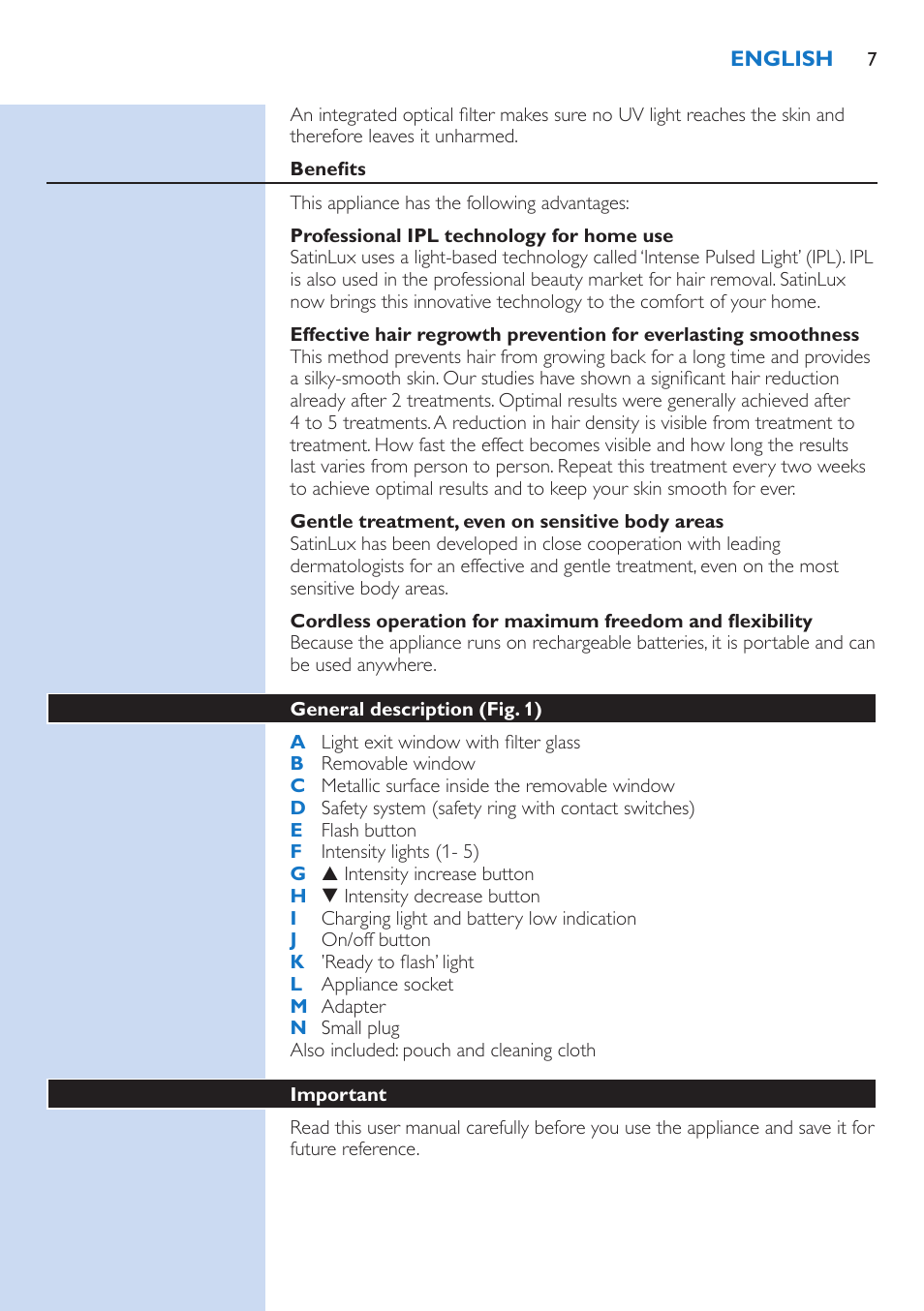 Benefits, Professional ipl technology for home use, Gentle treatment, even on sensitive body areas | General description (fig. 2), Important | Philips fotodepiladora User Manual | Page 7 / 130