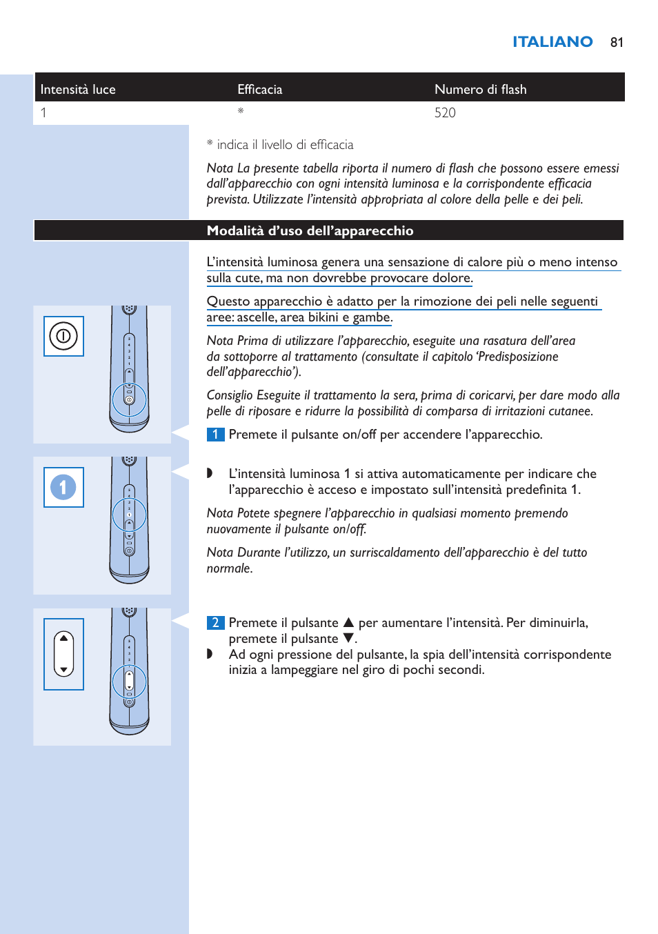 Modalità d’uso dell’apparecchio | Philips fotodepiladora User Manual | Page 81 / 130