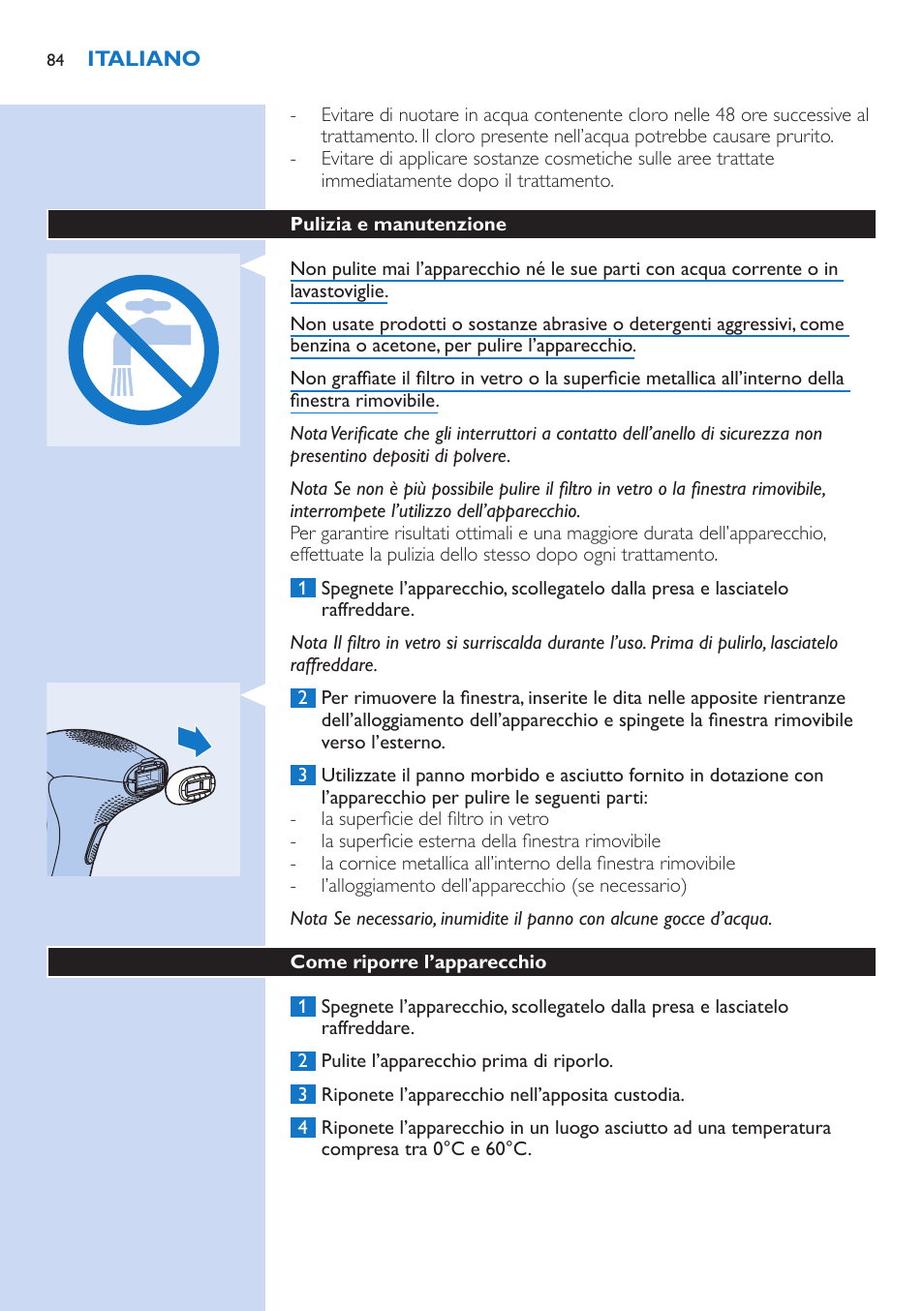 Pulizia e manutenzione, Come riporre l’apparecchio | Philips fotodepiladora User Manual | Page 84 / 130