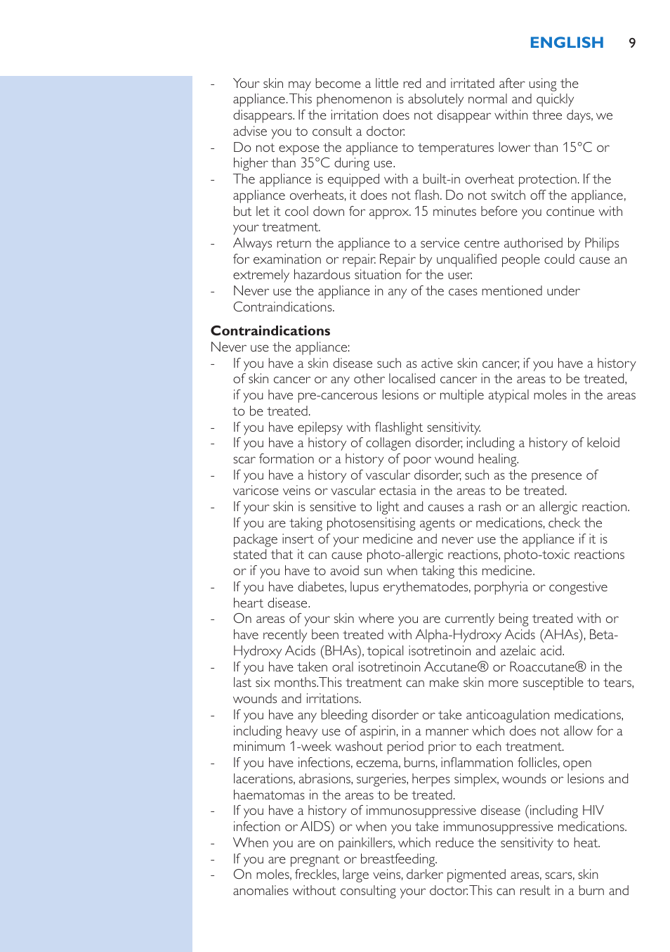 Contraindications | Philips fotodepiladora User Manual | Page 9 / 130