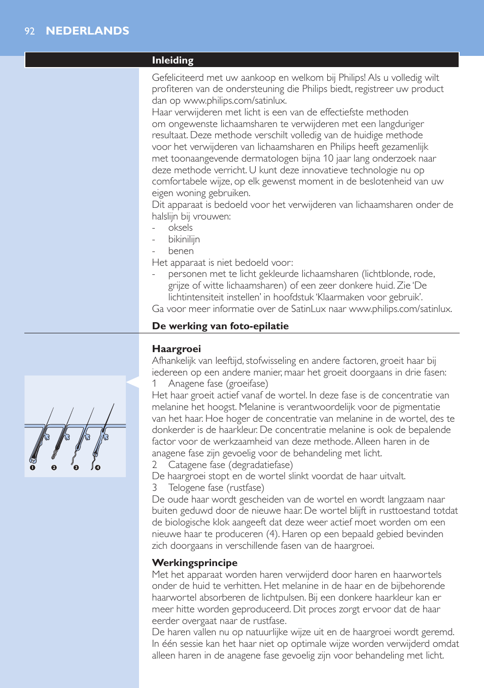 Nederlands, Inleiding, De werking van foto-epilatie | Haargroei, Werkingsprincipe | Philips fotodepiladora User Manual | Page 92 / 130