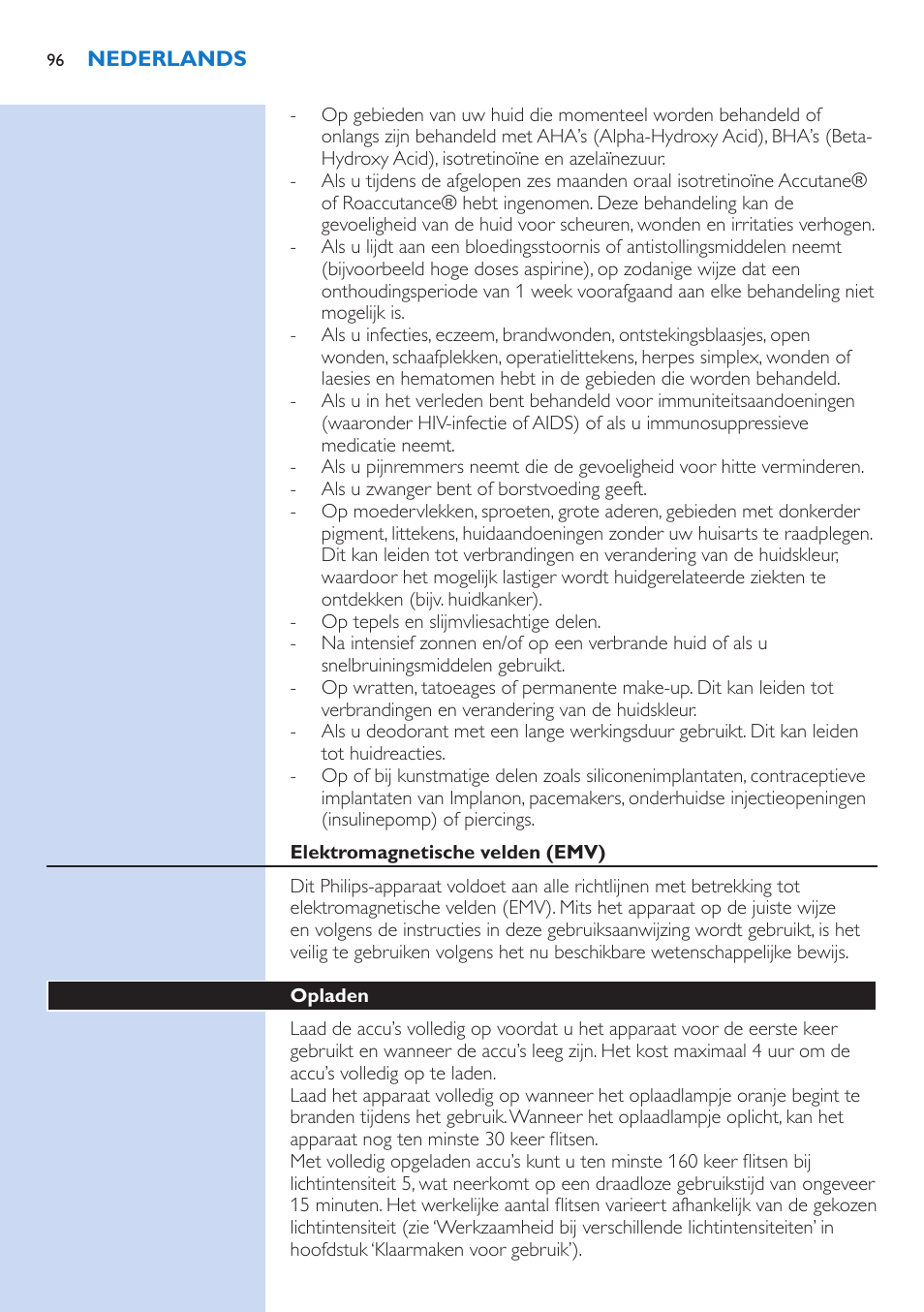 Elektromagnetische velden (emv), Opladen | Philips fotodepiladora User Manual | Page 96 / 130