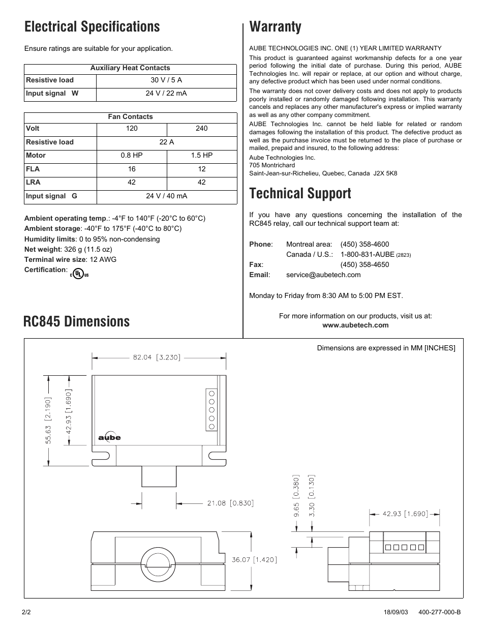 Electrical specifications, Warranty, Technical support | Rc845 dimensions | Aube Technologies RC845 User Manual | Page 2 / 2