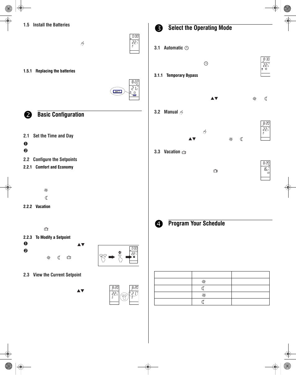 Basic configuration, Select the operating mode, Program your schedule | Aube Technologies TH140-28 User Manual | Page 3 / 4