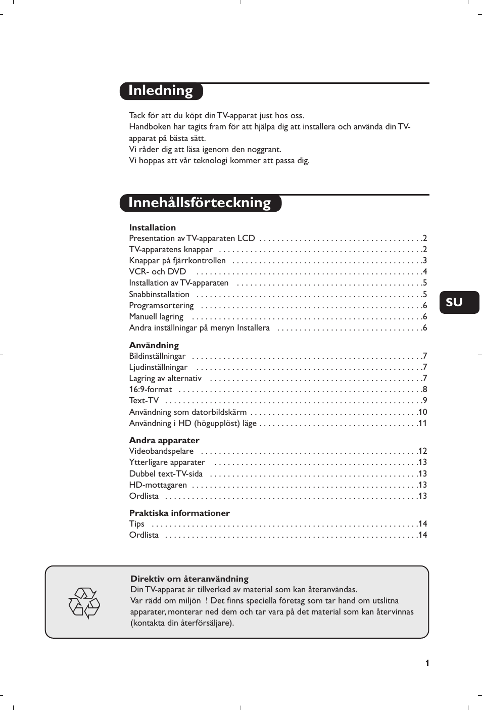 Inledning innehållsförteckning | Philips Flat TV User Manual | Page 101 / 256