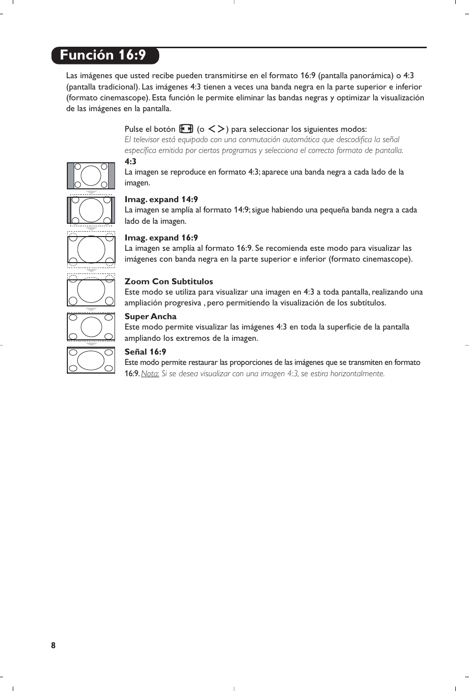 Función 16:9 | Philips Flat TV User Manual | Page 152 / 256