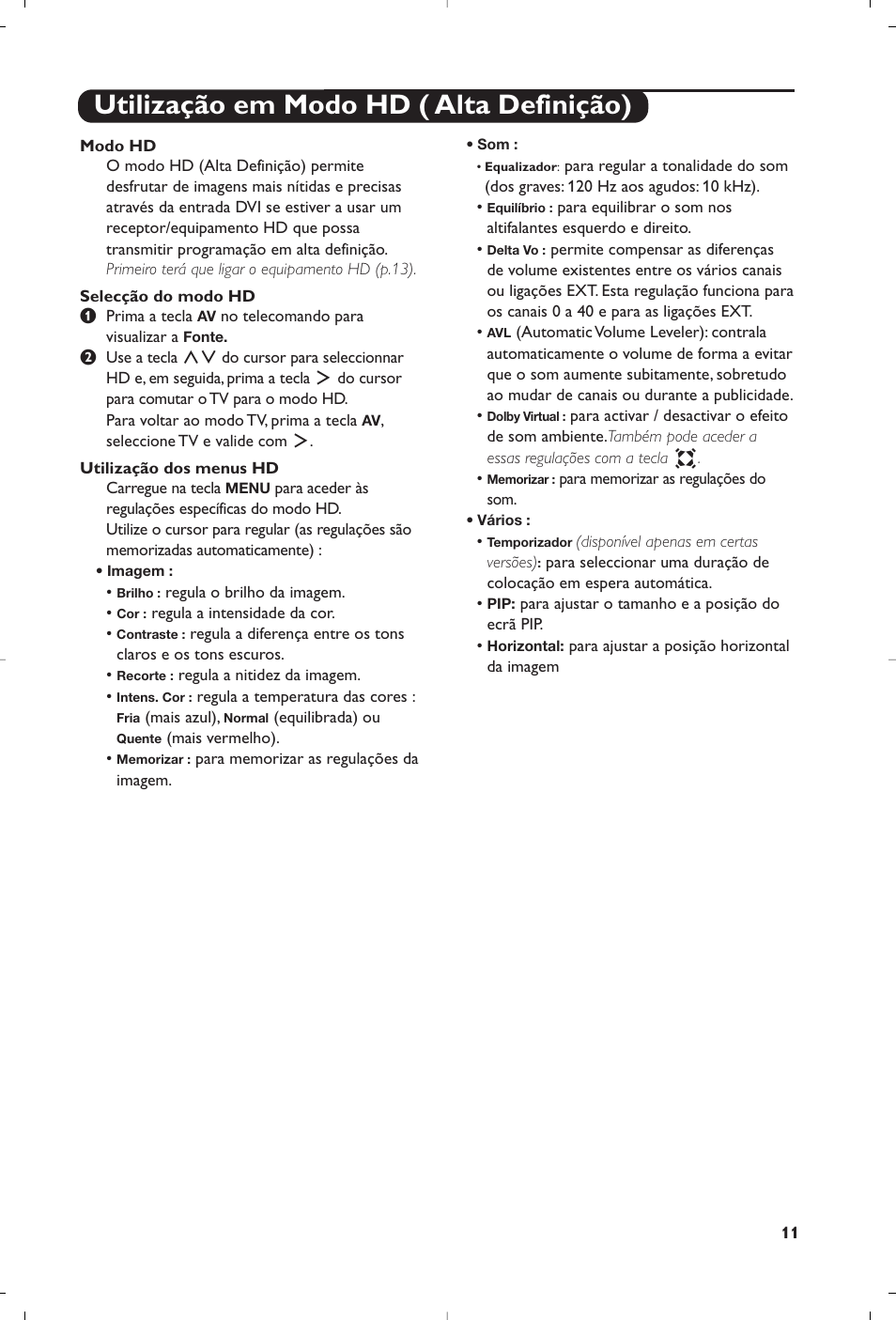 Utilização em modo hd ( alta definição) | Philips Flat TV User Manual | Page 169 / 256