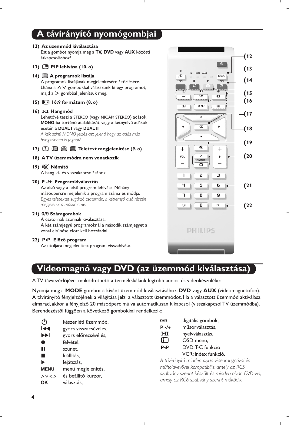 A távirányító nyomógombjai, Videomagnó vagy dvd (az üzemmód kiválasztása) | Philips Flat TV User Manual | Page 204 / 256