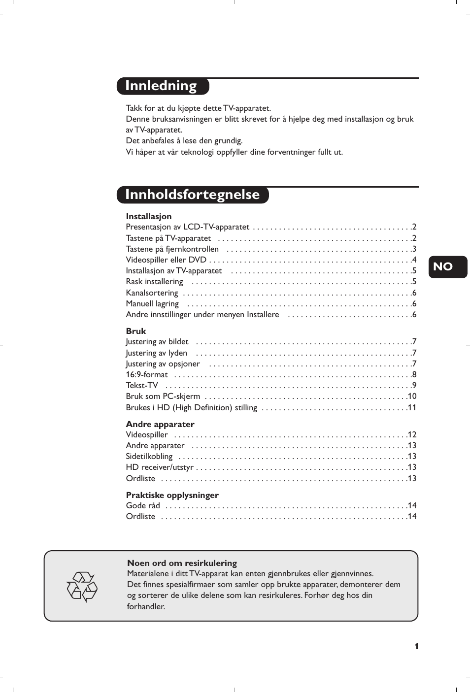 Innledning innholdsfortegnelse | Philips Flat TV User Manual | Page 87 / 256