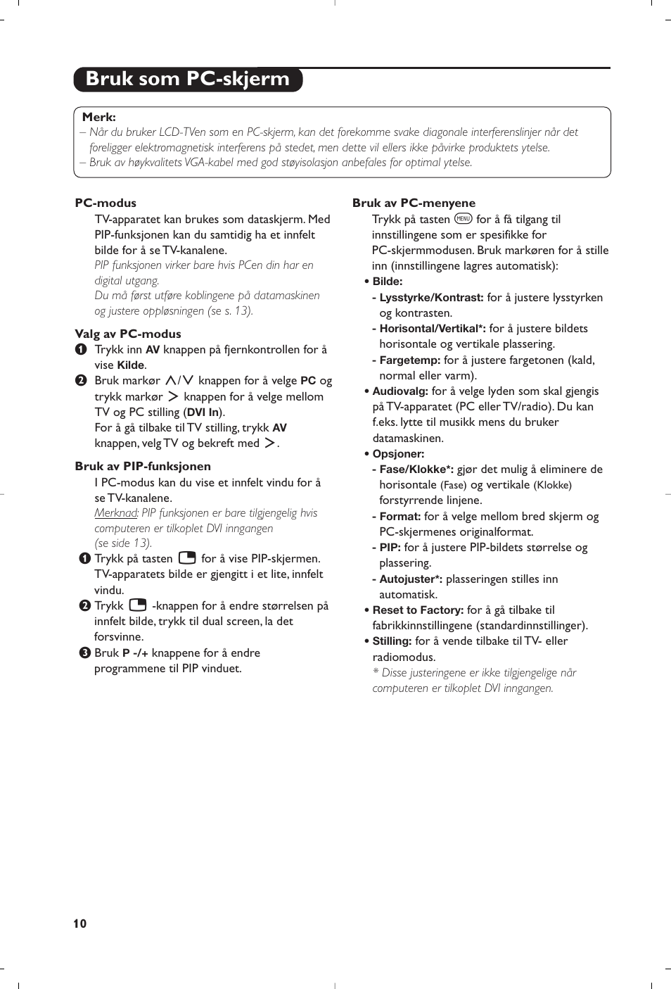 Bruk som pc-skjerm | Philips Flat TV User Manual | Page 96 / 256