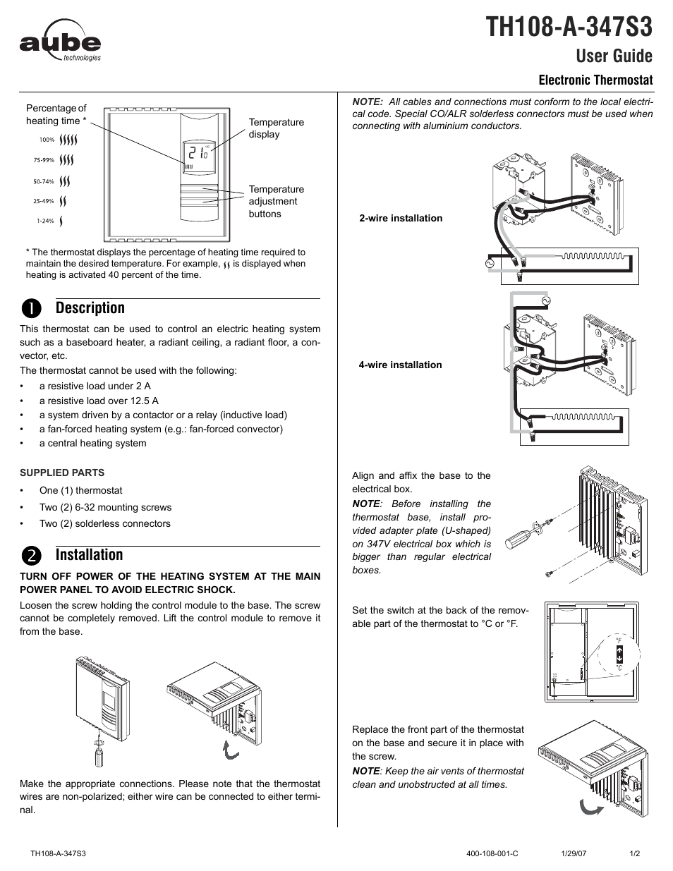 Aube Technologies TH108-A-347S3 User Manual | 2 pages